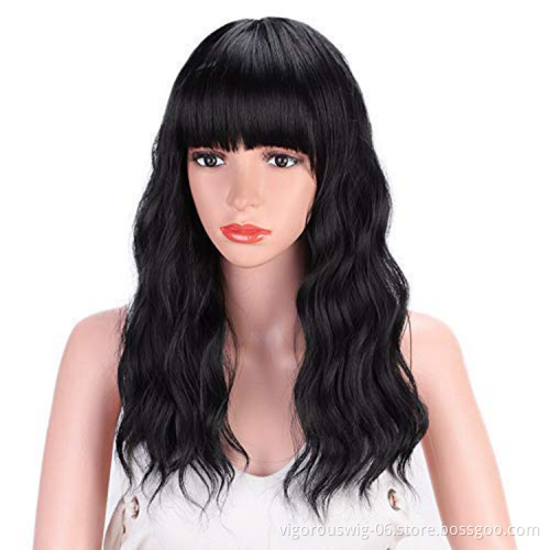 Vigorous Best Selling Wholesale Black Body Wave Middle Long With Neat Bangs Machine Made For Black Women Synthetic Hair Wigs